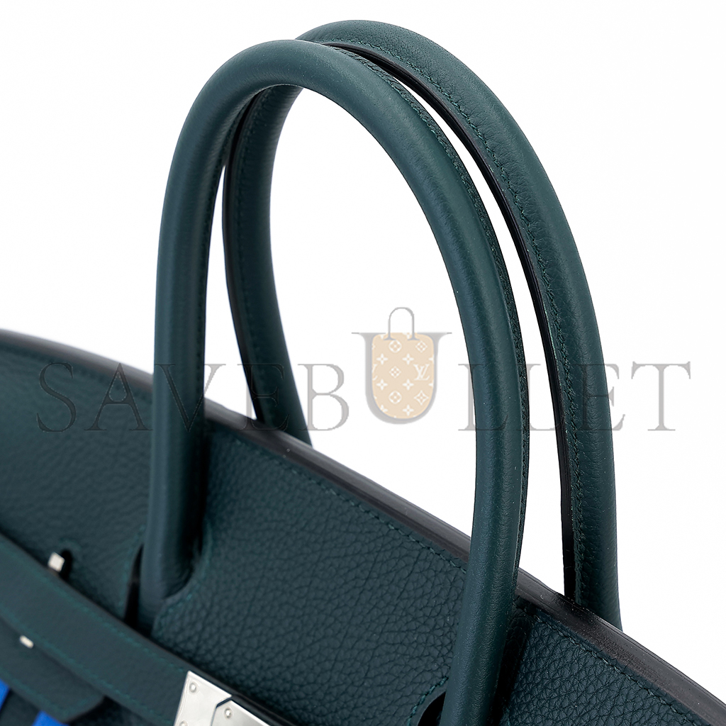 HERMÈS MASTER BIRKIN 25 TOGO LEATHER CYPRESS GREEN AND GLASS BLUE WITH SILVER BUCKLE BAG 8241275657 (25*20*13cm)